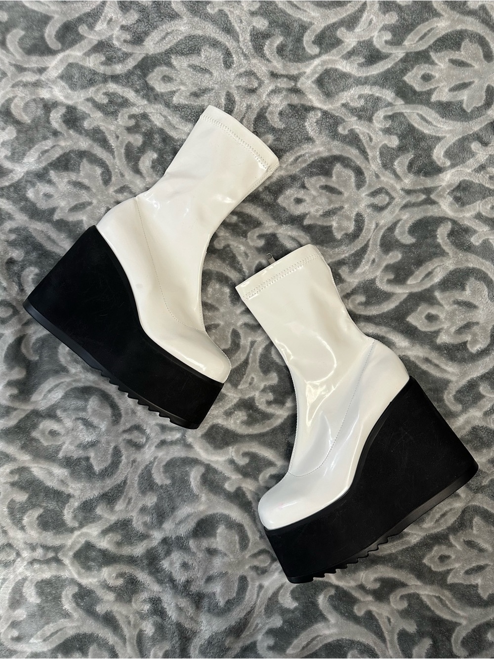 Dolls Kill White Square Toe Mid-Calf Zip Ankle Boots